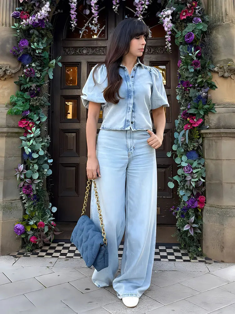 HH Women Elegant Denim Puff Sleeve Blouse & Trouser Set