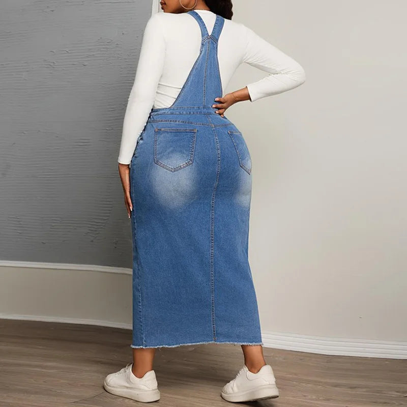Plus Size Front Split Washed Denim Dress with Pockets