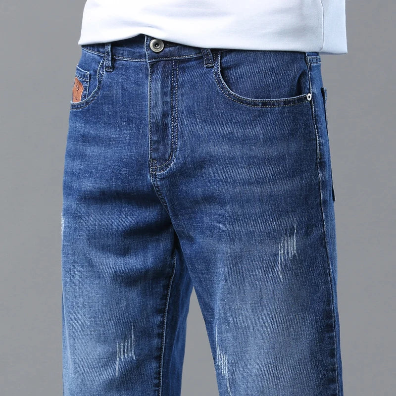 Men's Summer Straight Denim Shorts - Blue Casual Cotton Stretch Jeans