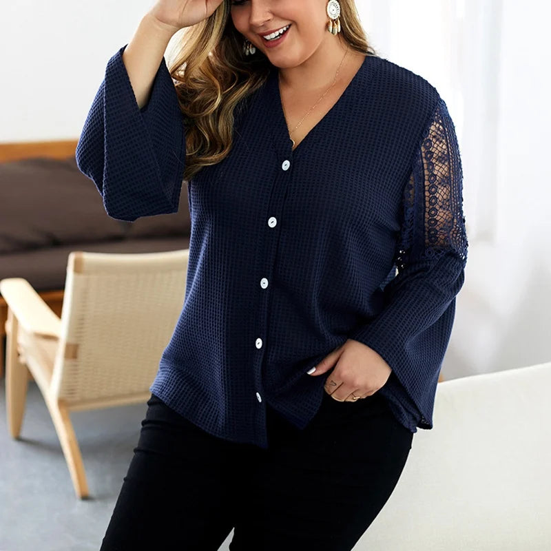 Autumn Plus Size V-Neck Lace Button Sweater with Trumpet Sleeves