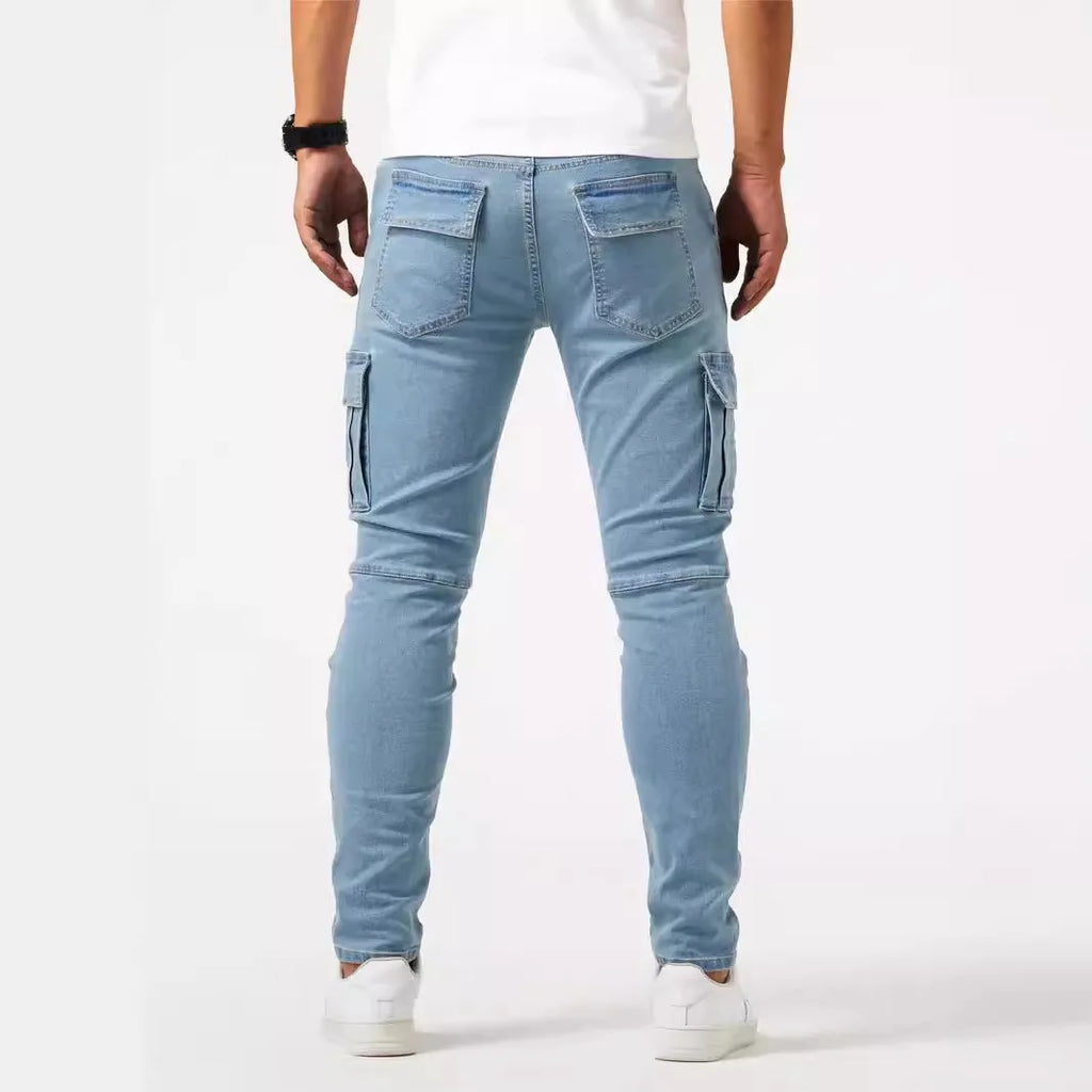 Men's Slim Fit Multi-Pocket Elastic Denim Jeans - Dark Blue