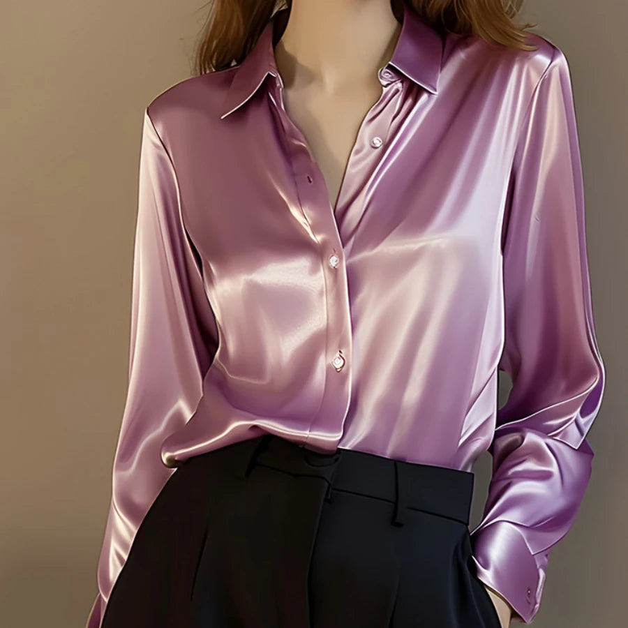 Plus Size Elegant Satin Long Sleeved Shirt for Women
