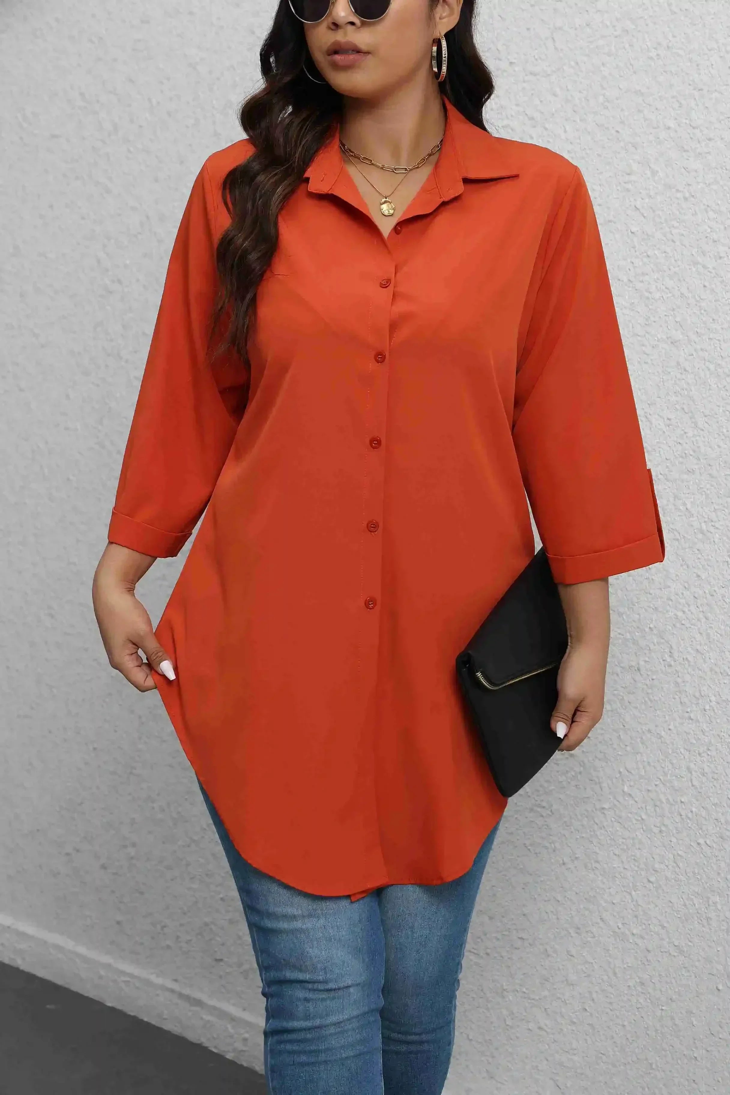 Plus Size Casual Chic Button-Up Blouse with Roll-Up Sleeves