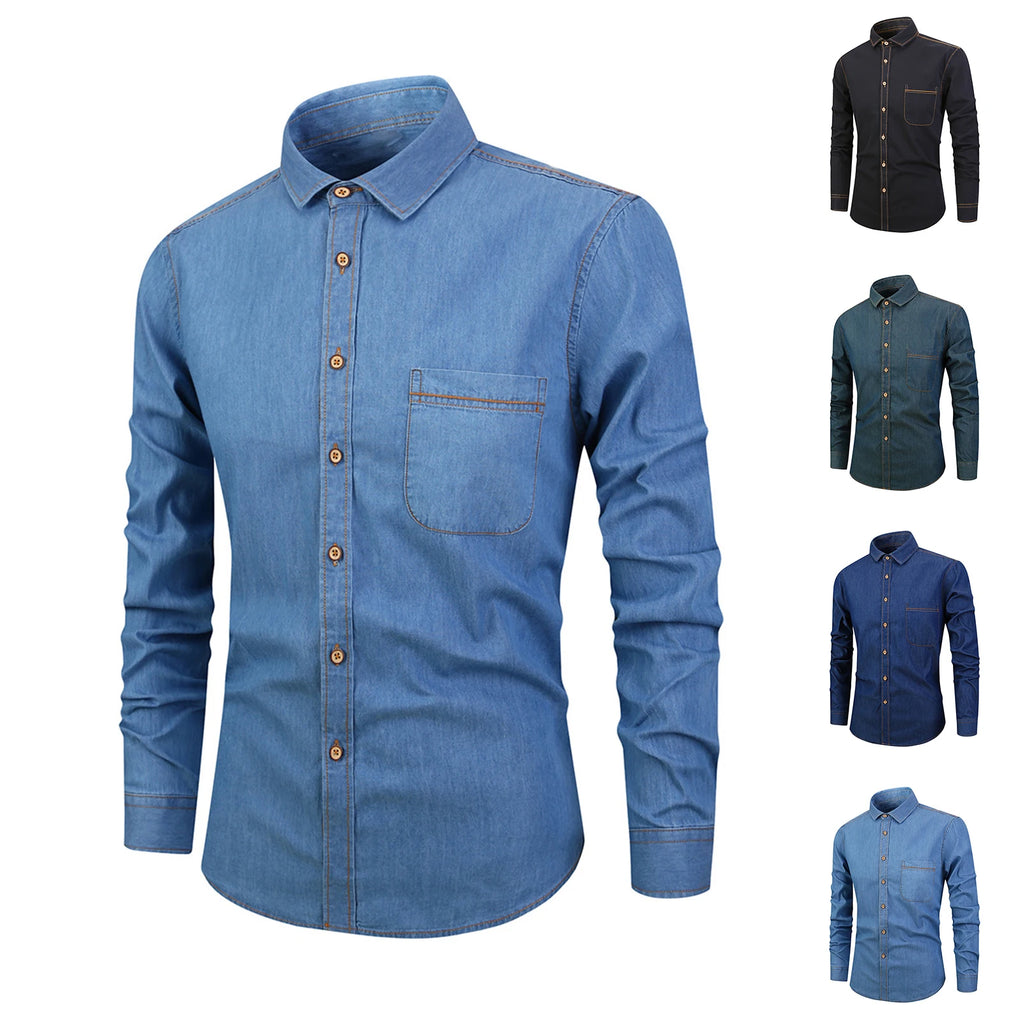 Autumn Men's Casual Long Sleeve Denim Shirt with Pocket