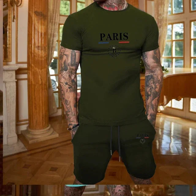 Men's Fashionable Summer Short Sleeve and Split Shorts Sportswear Set