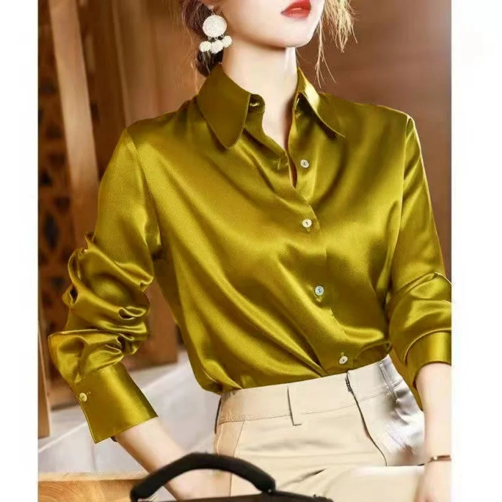 Plus Size Elegant Satin Long Sleeved Shirt for Women