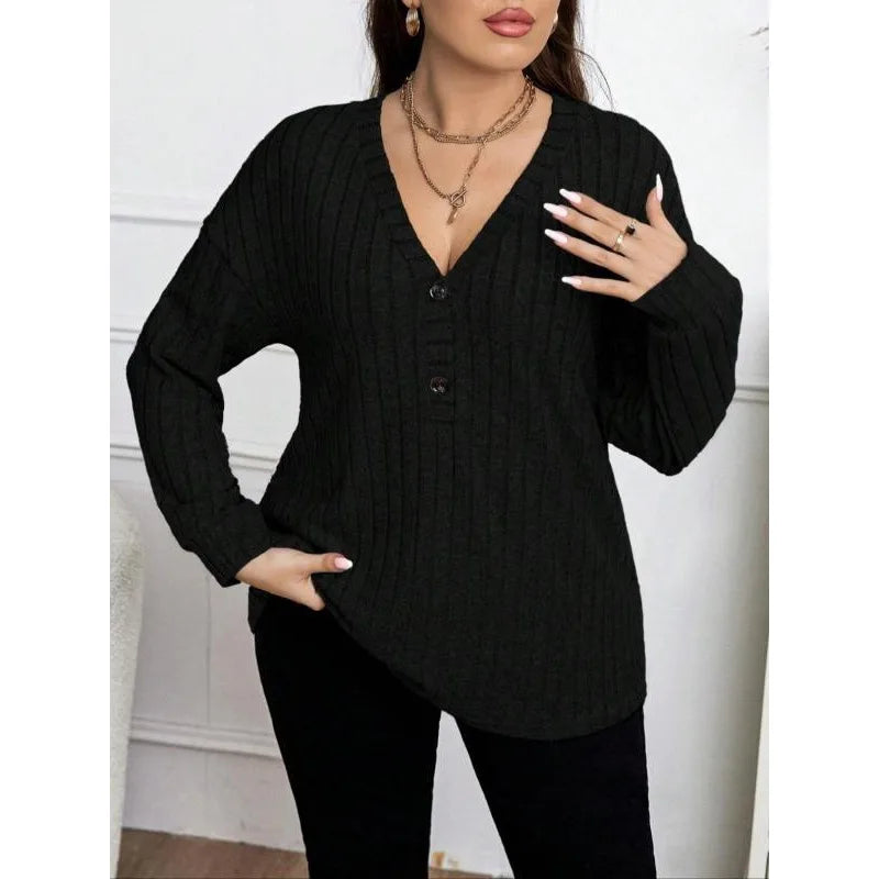Elegant Plus Size Knitted V-Neck Shirt for Women