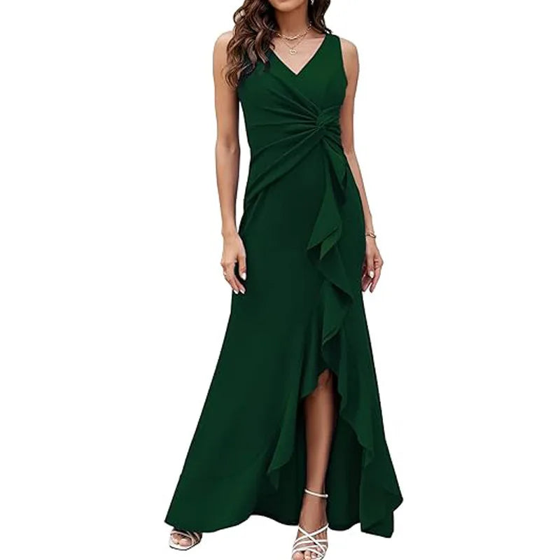 Elegant V-Neck Sleeveless Ruffle Maxi Dress for Women