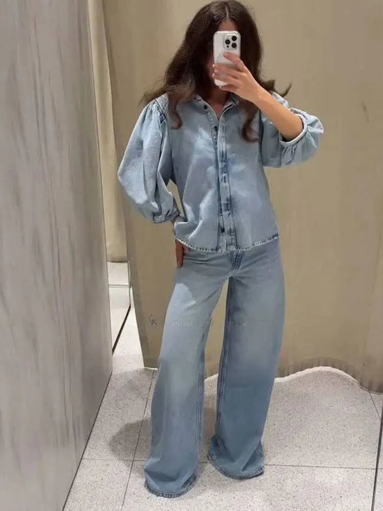 HH Women Elegant Denim Puff Sleeve Blouse & Trouser Set