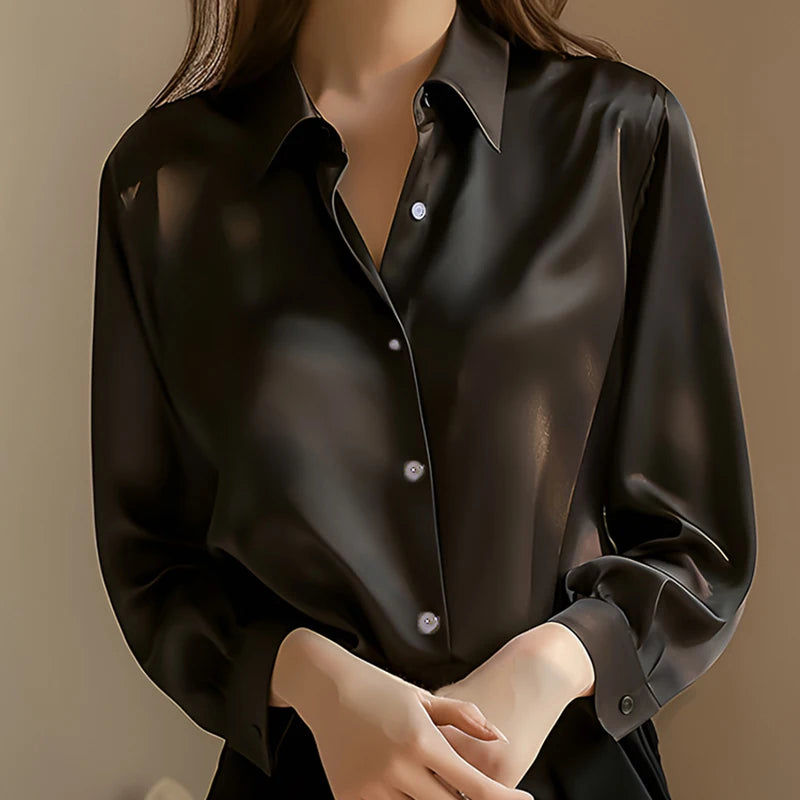 Plus Size Elegant Satin Long Sleeved Shirt for Women