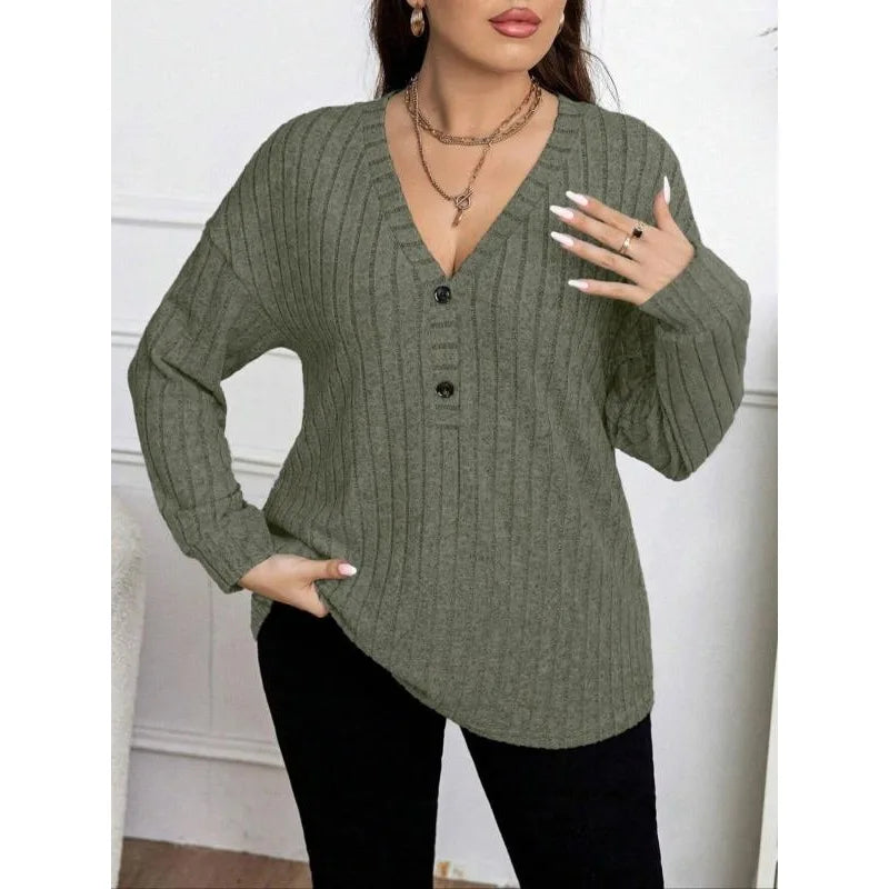 Elegant Plus Size Knitted V-Neck Shirt for Women