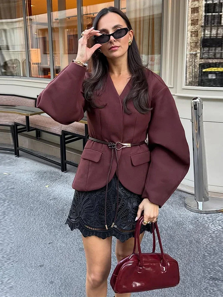 Chic Women's V-Neck Plaid Jacket & Wide Leg Trouser Set