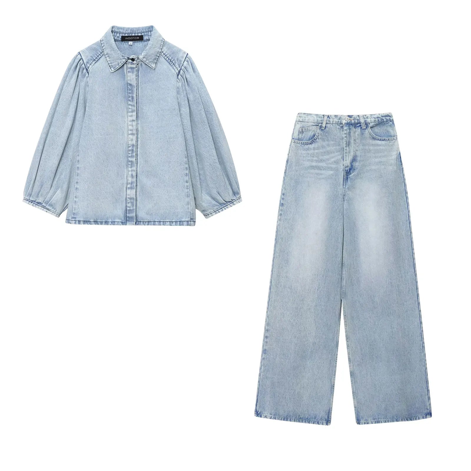 HH Women Elegant Denim Puff Sleeve Blouse & Trouser Set