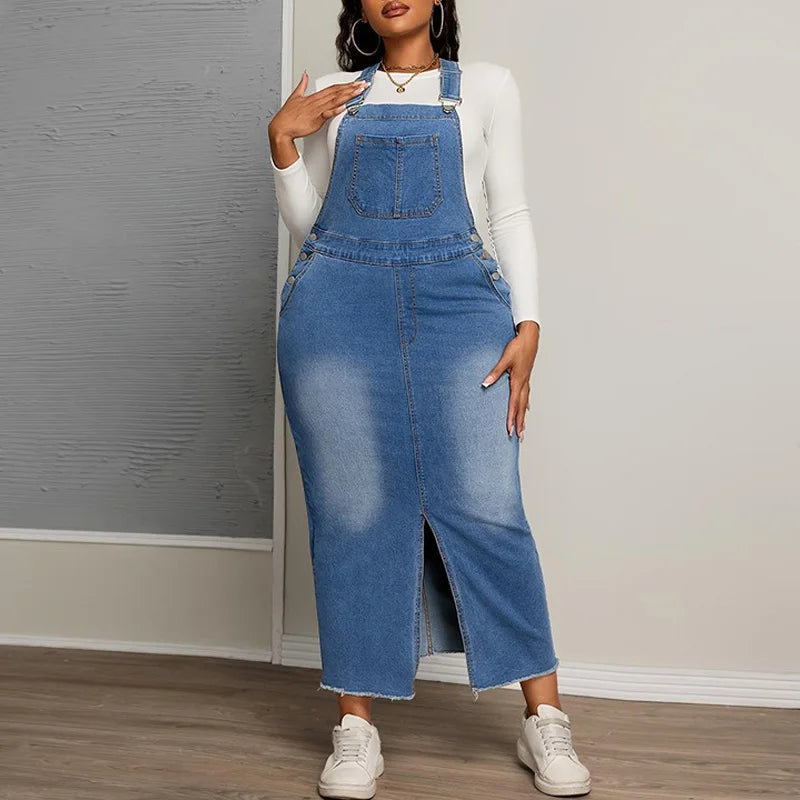 Plus Size Front Split Washed Denim Dress with Pockets