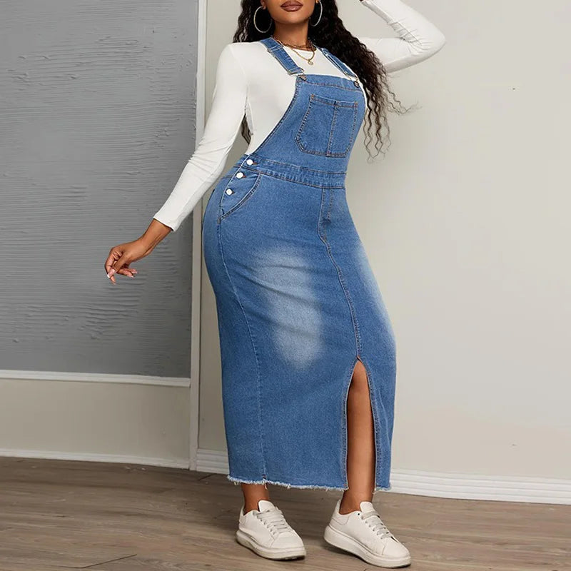 Plus Size Front Split Washed Denim Dress with Pockets