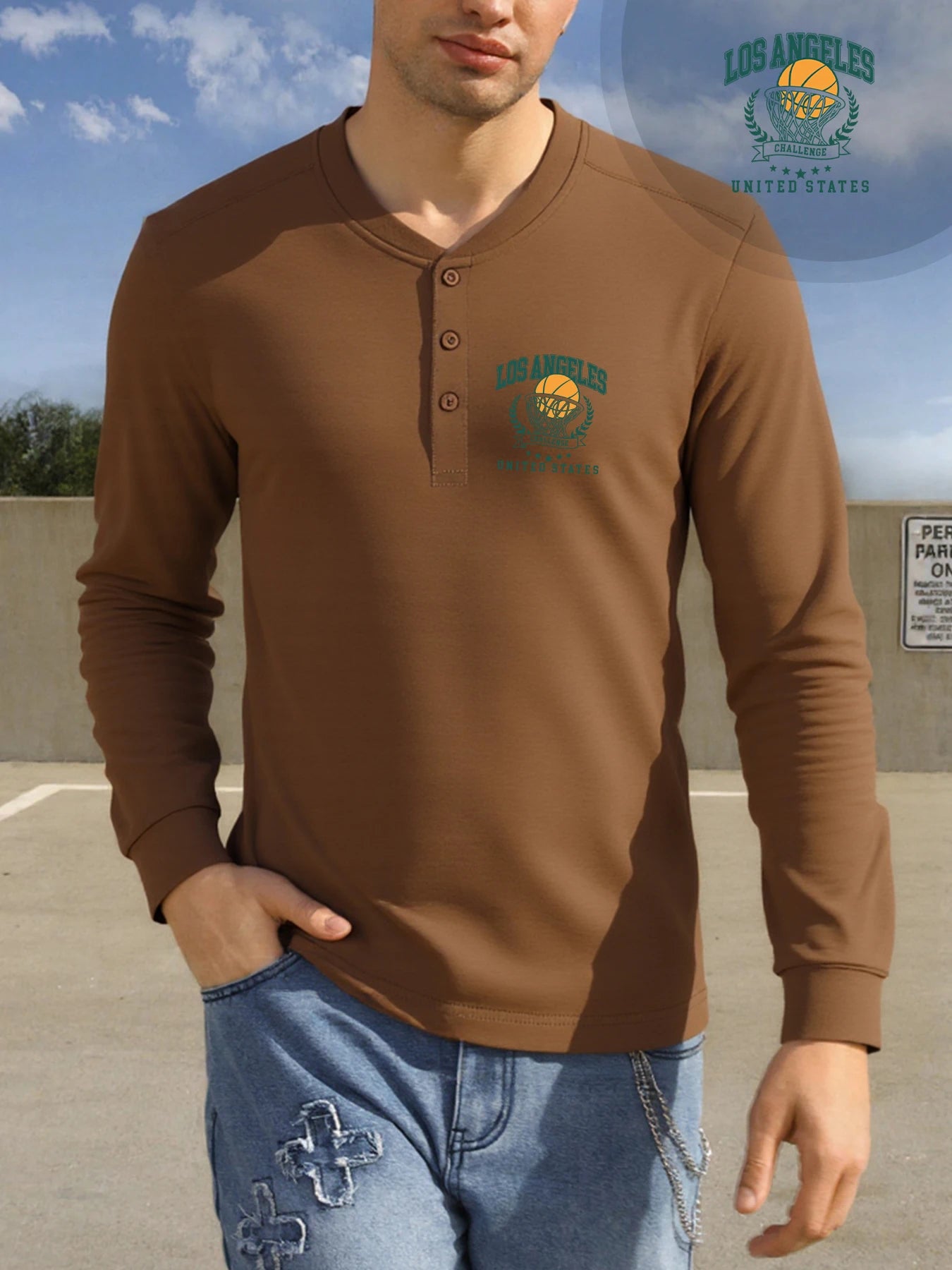 Los Angeles Vintage Print Long Sleeve Henley Tee for Men