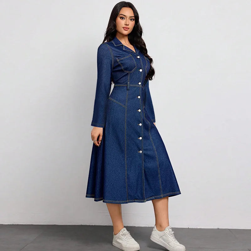 Chic Long-Sleeved Denim Dress with Waist-Cinching Design