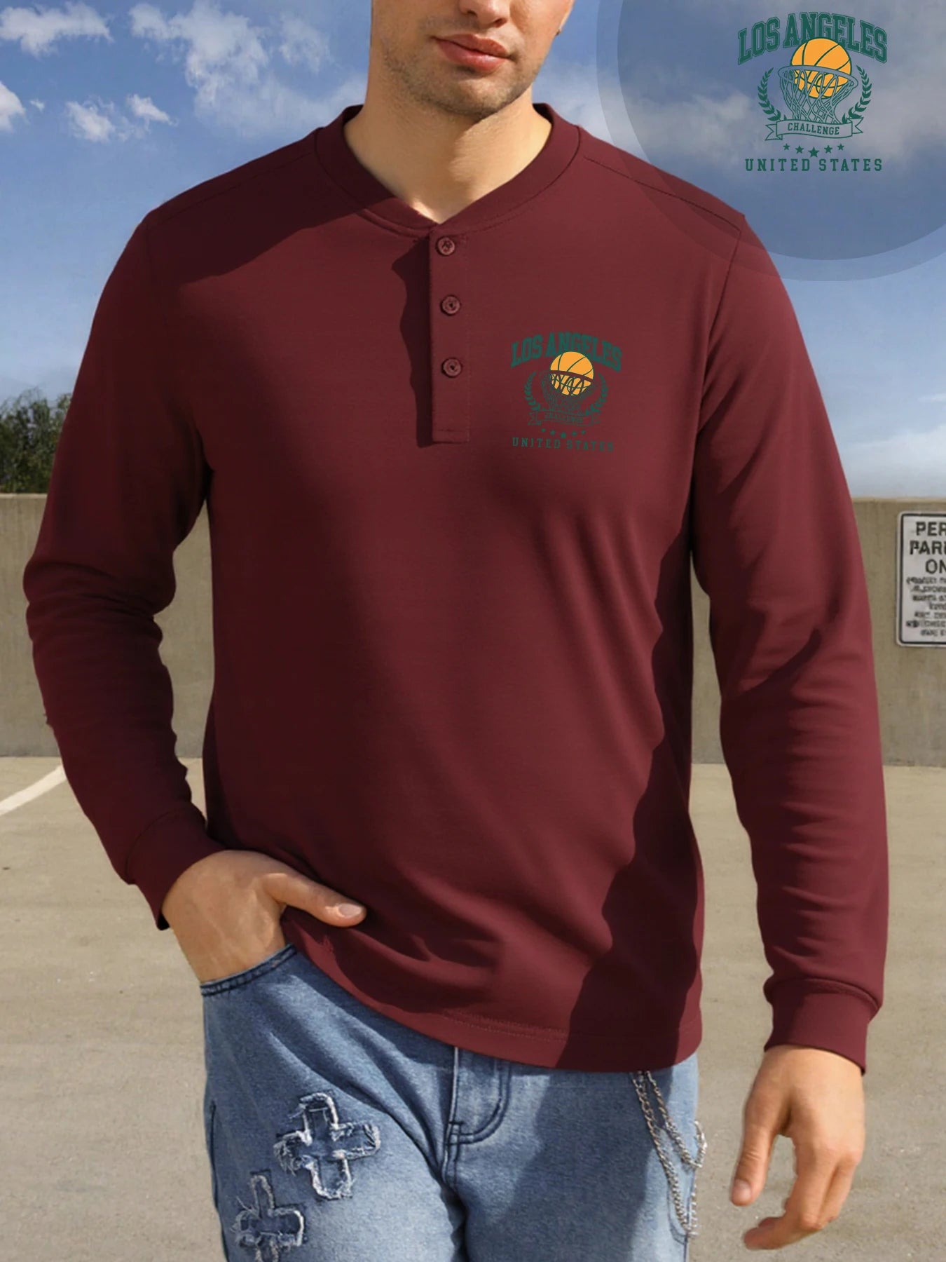 Los Angeles Vintage Print Long Sleeve Henley Tee for Men