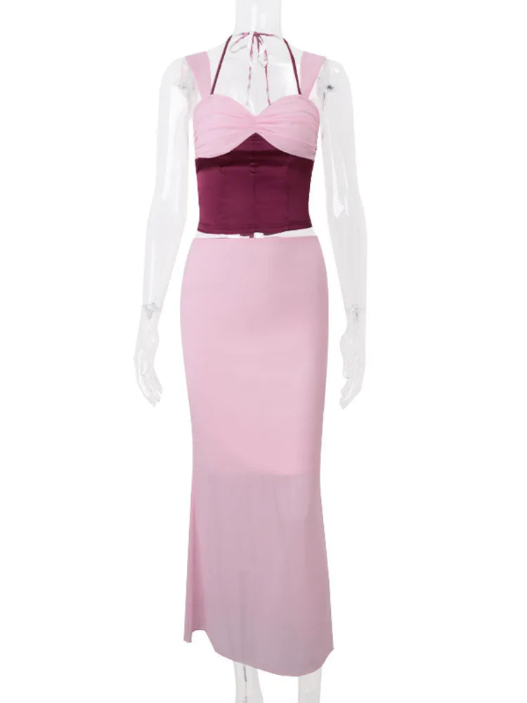 Mozision Halter Lace-up Two Piece Set with Maxi Skirt