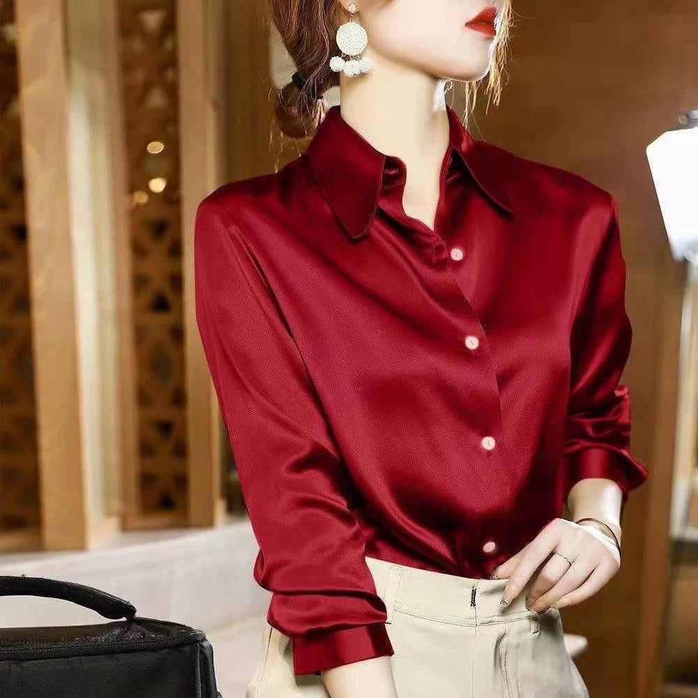Plus Size Elegant Satin Long Sleeved Shirt for Women
