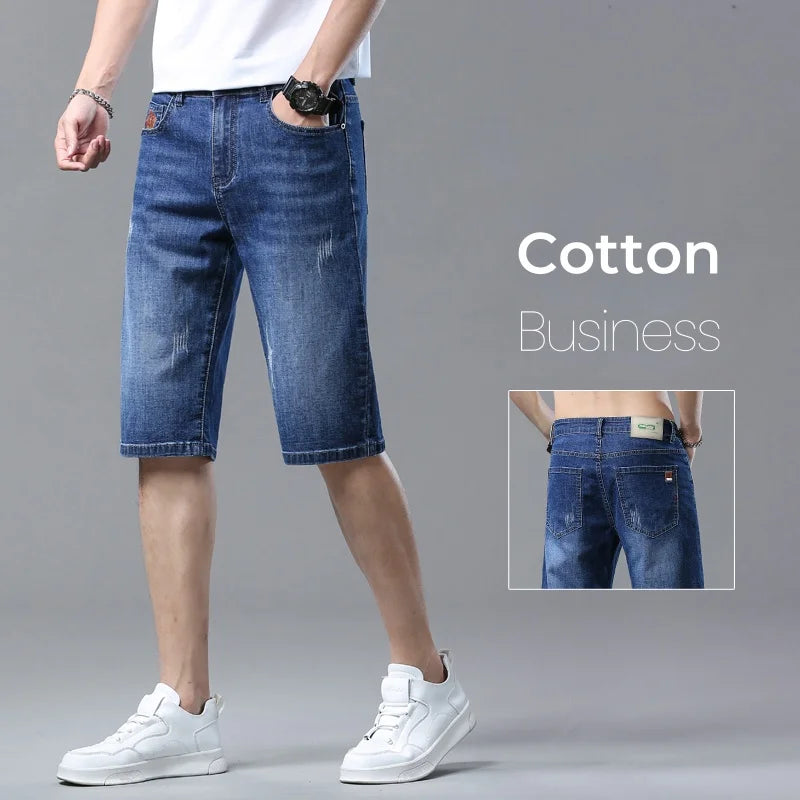 Men's Summer Straight Denim Shorts - Blue Casual Cotton Stretch Jeans