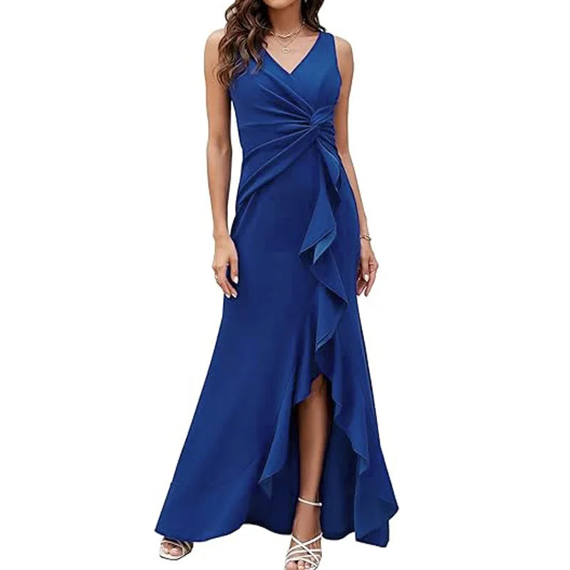 Elegant V-Neck Sleeveless Ruffle Maxi Dress for Women