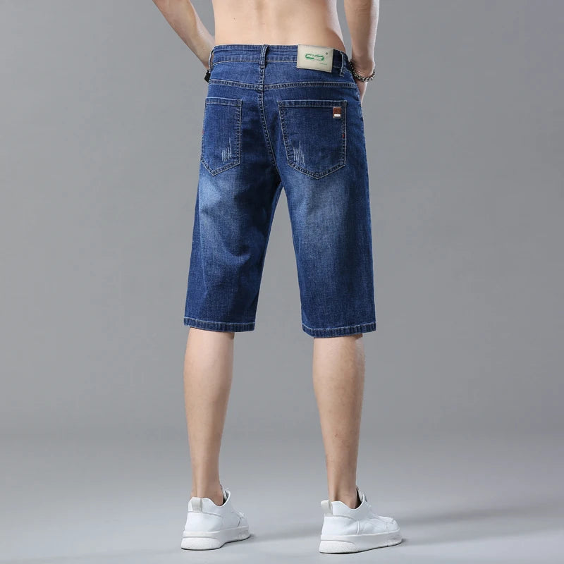 Men's Summer Straight Denim Shorts - Blue Casual Cotton Stretch Jeans