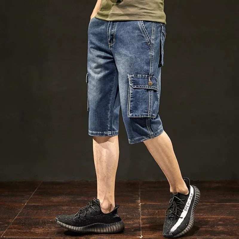 Men's Blue Stretchable Cargo Shorts with Pockets