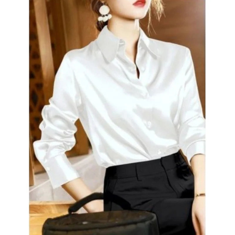 Plus Size Elegant Satin Long Sleeved Shirt for Women