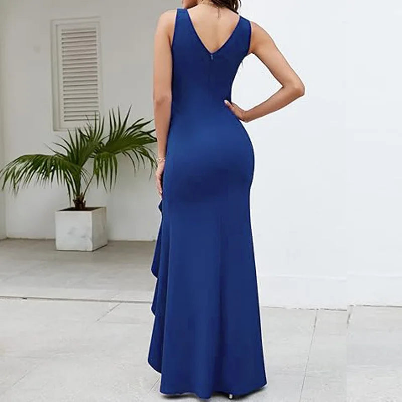 Elegant V-Neck Sleeveless Ruffle Maxi Dress for Women