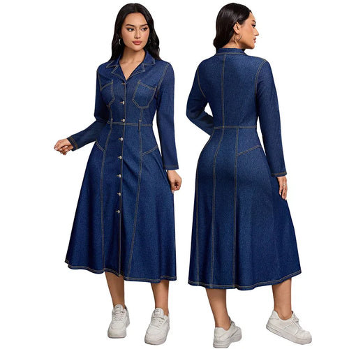 Chic Long-Sleeved Denim Dress with Waist-Cinching Design