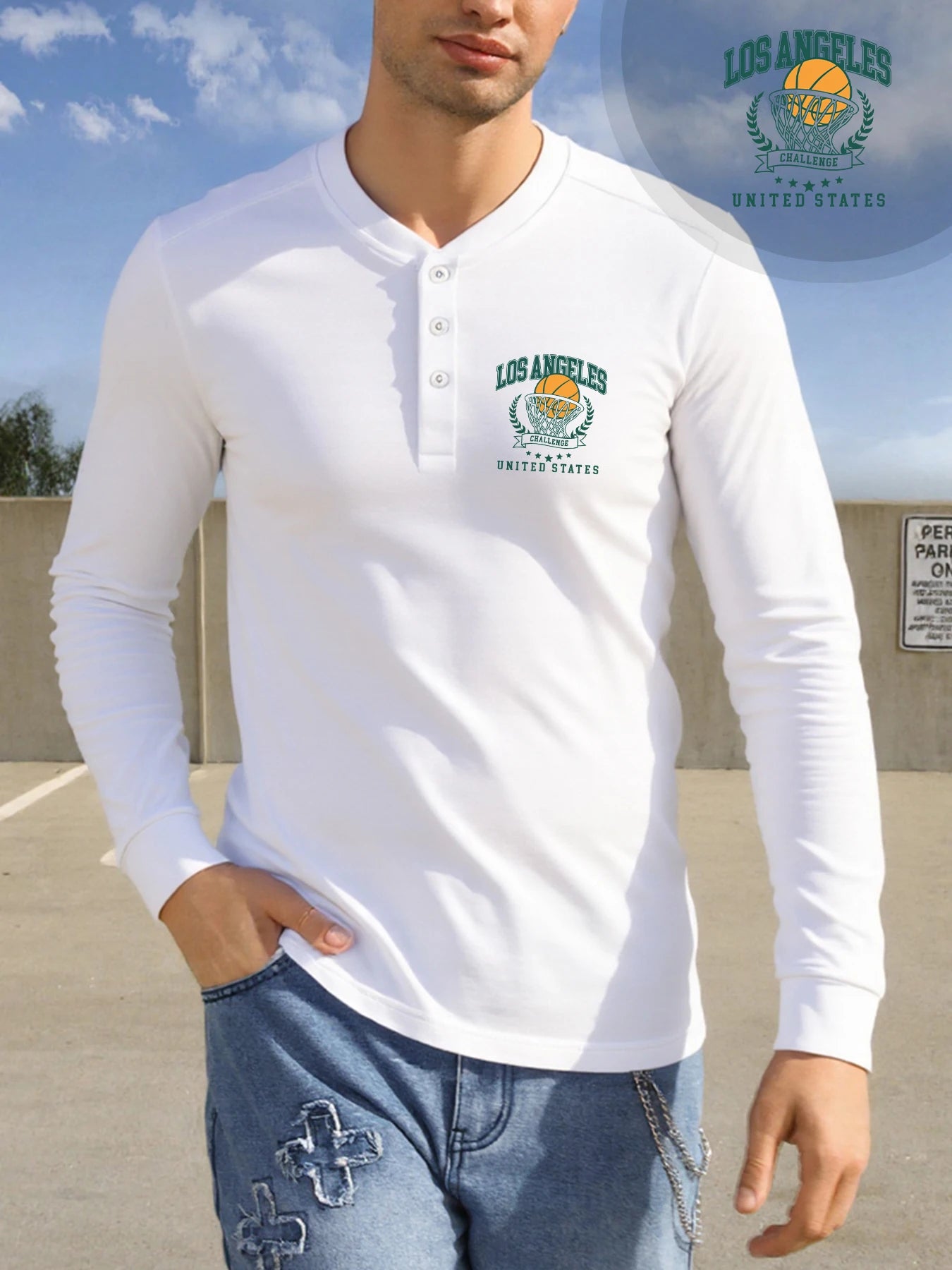 Los Angeles Vintage Print Long Sleeve Henley Tee for Men