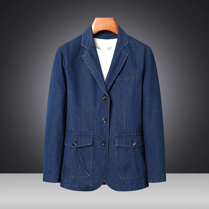 Men's Vintage Slim Fit Denim Blazer - Casual Cotton Jacket in Black & Blue
