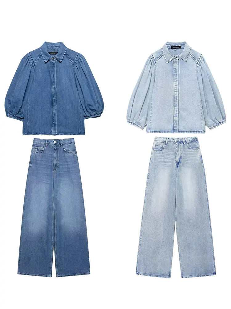 HH Women Elegant Denim Puff Sleeve Blouse & Trouser Set