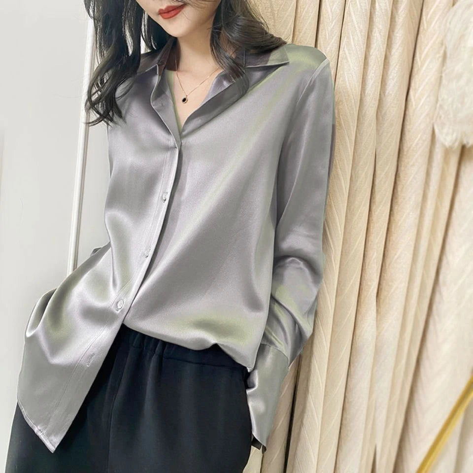 Plus Size Elegant Satin Long Sleeved Shirt for Women
