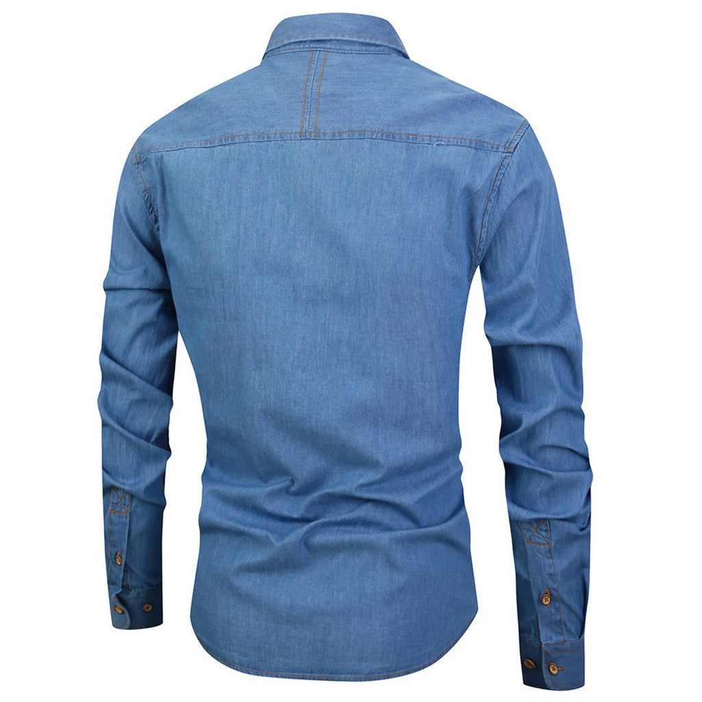 Autumn Men's Casual Long Sleeve Denim Shirt with Pocket