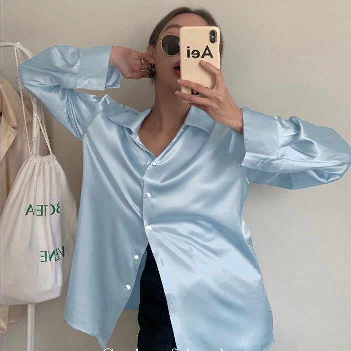 Plus Size Elegant Satin Long Sleeved Shirt for Women