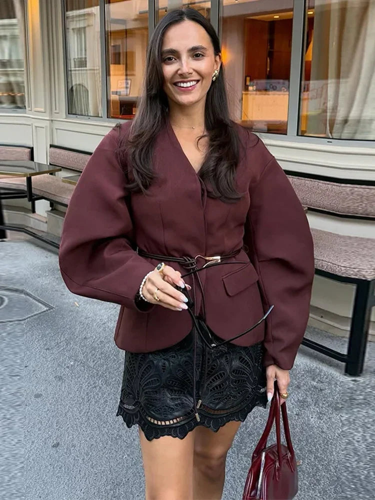 Chic Women's V-Neck Plaid Jacket & Wide Leg Trouser Set