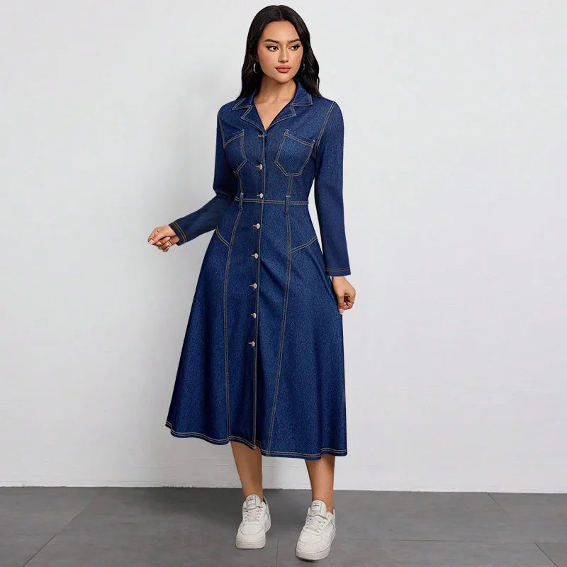 Chic Long-Sleeved Denim Dress with Waist-Cinching Design