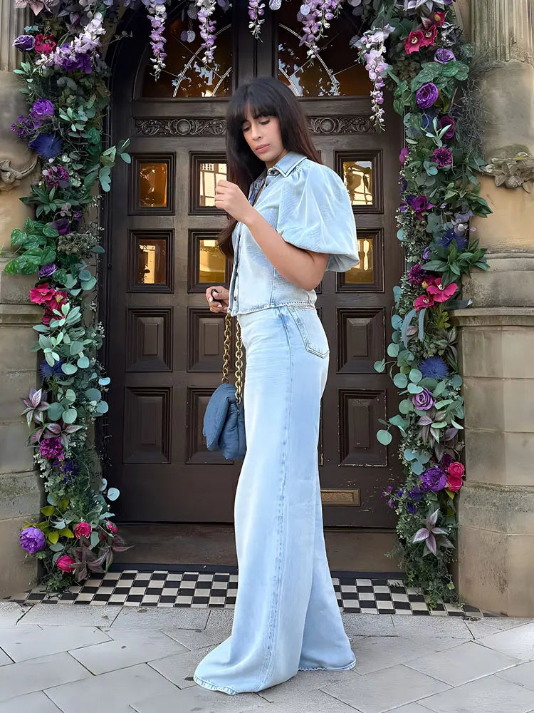 HH Women Elegant Denim Puff Sleeve Blouse & Trouser Set