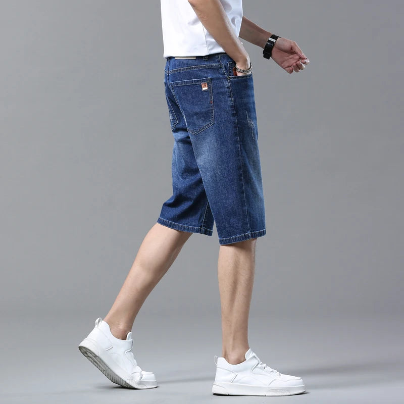 Men's Summer Straight Denim Shorts - Blue Casual Cotton Stretch Jeans