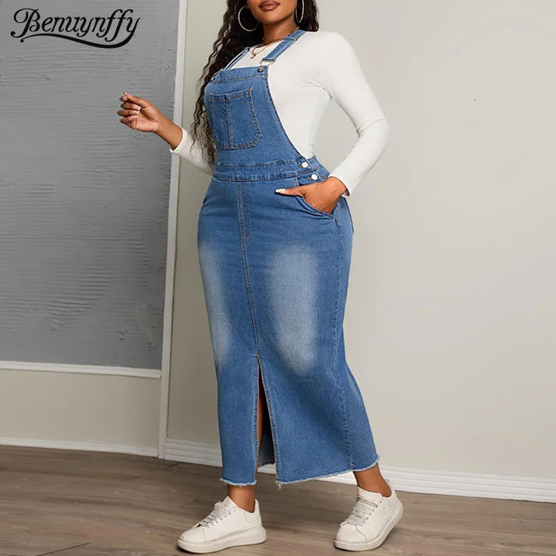 Plus Size Front Split Washed Denim Dress with Pockets