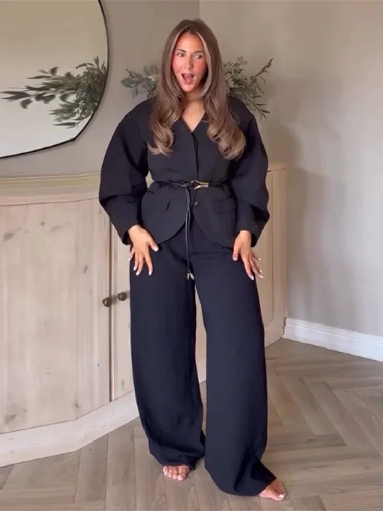 Chic Women's V-Neck Plaid Jacket & Wide Leg Trouser Set