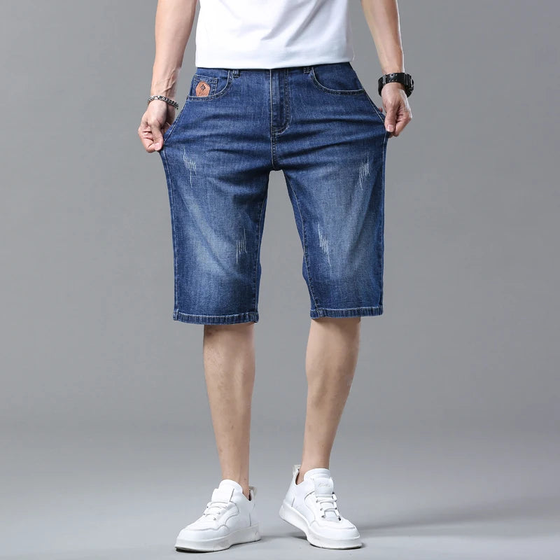 Men's Summer Straight Denim Shorts - Blue Casual Cotton Stretch Jeans