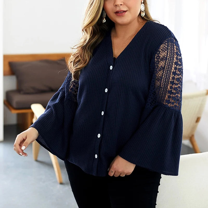 Autumn Plus Size V-Neck Lace Button Sweater with Trumpet Sleeves