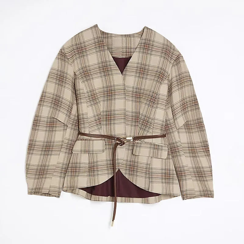 Chic Women's V-Neck Plaid Jacket & Wide Leg Trouser Set