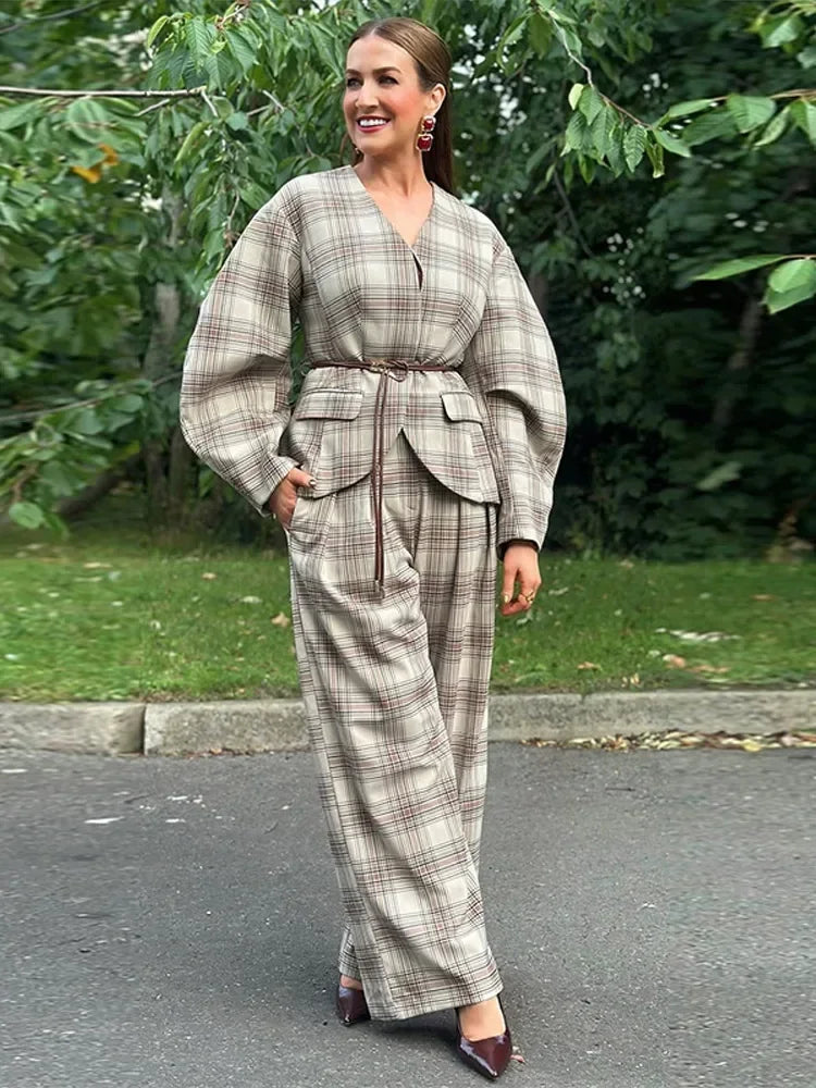 Chic Women's V-Neck Plaid Jacket & Wide Leg Trouser Set