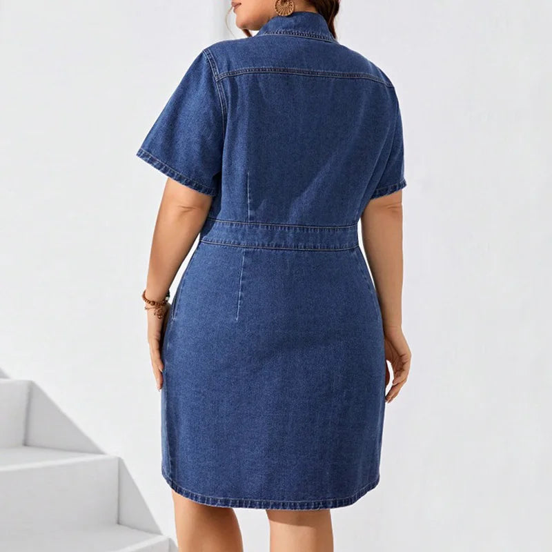 Benuynffy Plus Size Vintage Denim Shirt Dress with Pockets