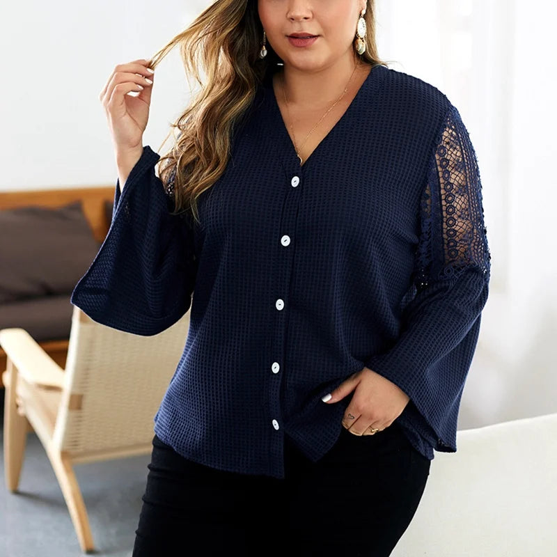 Autumn Plus Size V-Neck Lace Button Sweater with Trumpet Sleeves