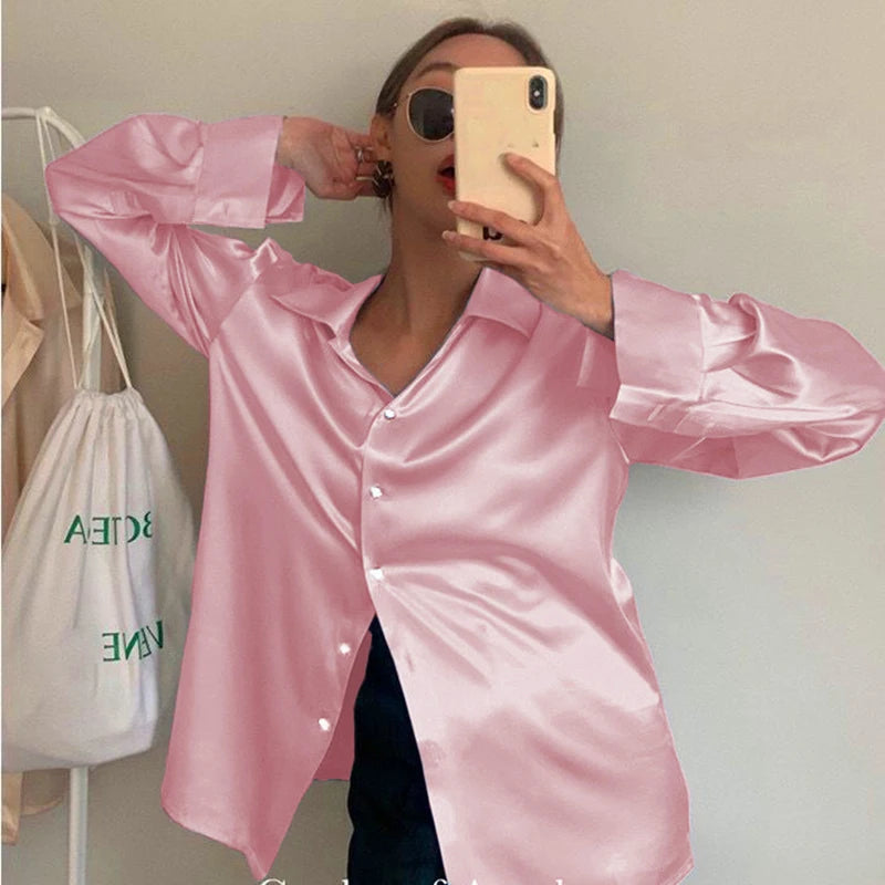 Plus Size Elegant Satin Long Sleeved Shirt for Women